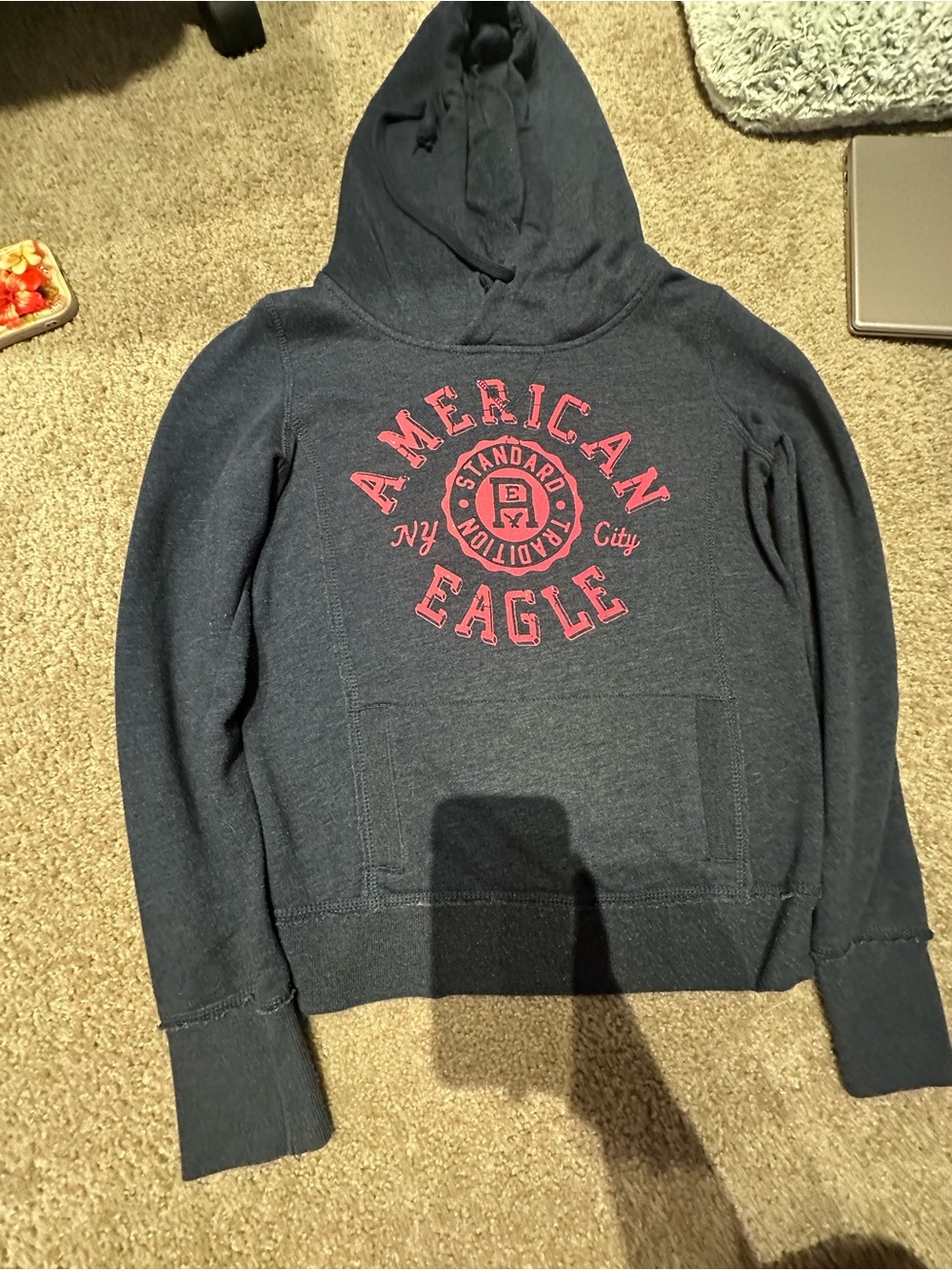 American Eagle Outfitters Women's Navy Hoodie with Pink Graphic